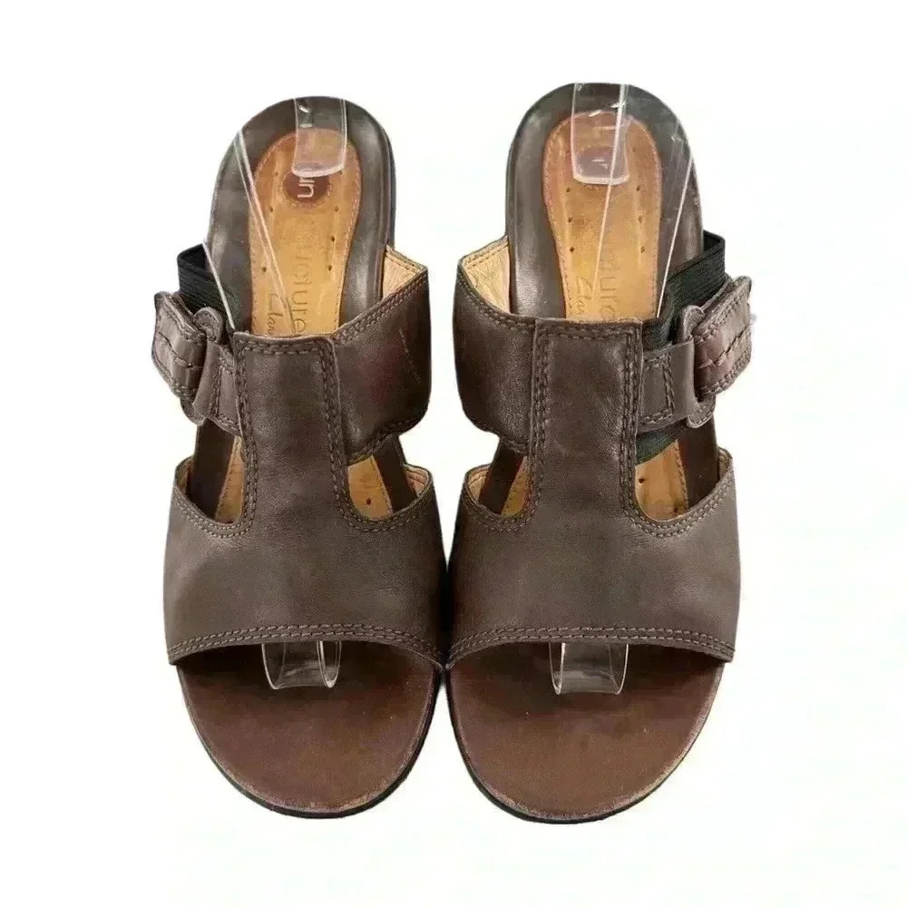 Clarks unstructured womens sandals size 7.5 brown leather slides - Picture 2 of 12